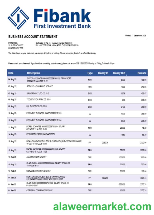Fibank bank business bank statement Word and PDF format